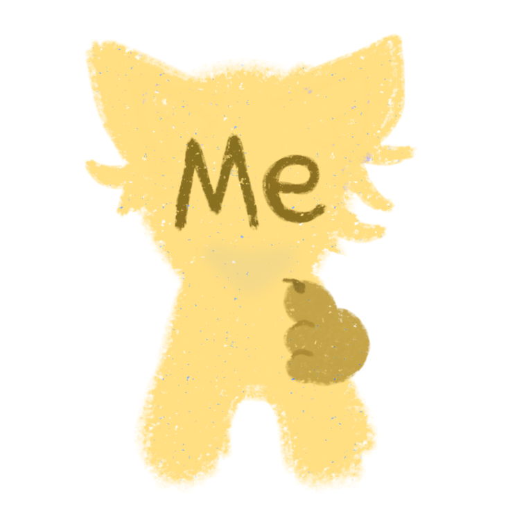 A simple, yellow, cartoon creature with the word "Me" on its face. It has a childlike, crayon-drawn style with rounded edges. The creature is pointing at itself with its right paw.